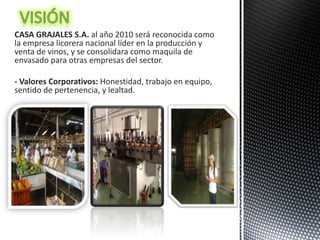 CASA GRAJALES S.A. al año 2010 será reconocida como
la empresa licorera nacional líder en la producción y
venta de vinos, y se consolidara como maquila de
envasado para otras empresas del sector.

- Valores Corporativos: Honestidad, trabajo en equipo,
sentido de pertenencia, y lealtad.
 
