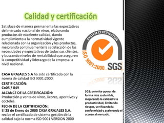 Satisface de manera permanente las expectativas
del mercado nacional de vinos, elaborando
productos de excelente calidad, dando
cumplimiento a la normatividad vigente
relacionada con la organización y los productos,
mejorando continuamente la satisfacción de las
necesidades y expectativas de todos sus clientes,
y buscando niveles de rentabilidad que aseguren
la competitividad y liderazgo de la empresa a
nivel nacional.

CASA GRAJALES S.A ha sido certificado con la
norma de calidad ISO 9001:2000.
CERTIFICACIÓN:
Co05 / 849
ALCANCE DE LA CERTIFICACIÓN:                         SGS: permite operar de
                                                     forma más sostenible,
Producción y venta de vinos, licores, aperitivos y   mejorando la calidad y la
cocteles.                                            productividad, limitando
FECHA DE LA CERTIFICACIÓN:                           riesgos, verificando la
El 25 de Enero de 2005 CASA GRAJALES S.A.            conformidad y acelerando el
recibe el certificado de sistema gestión de la       acceso al mercado.
calidad bajo la norma ISO 9001 VERSION 2000
 