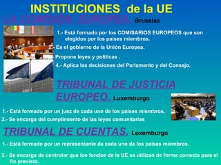 LA COMISIÓN EUROPEA. Bruselas
1.- Está formado por los COMISARIOS EUROPEOS que son
elegidos por los países miembros.
2.- Es el gobierno de la Unión Europea.
3.- Propone leyes y políticas .
4.- Aplica las decisiones del Parlamento y del Consejo.
INSTITUCIONES de la UE
TRIBUNAL DE JUSTICIA
EUROPEO. Luxemburgo
1.- Está formado por un juez de cada uno de los países miembros.
2.- Se encarga del cumplimiento de las leyes comunitarias
TRIBUNAL DE CUENTAS. Luxemburgo
2.- Se encarga de controlar que los fondos de la UE se utilizan de forma correcta para el
fin previsto.
1.- Está formado por un representante de cada uno de los países miembros.
 