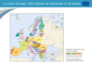 La Unión Europea: 500 millones de habitantes en 28 países
Estados miembros de la
Unión Europea
Países candidatos y
candidatos potenciales
 