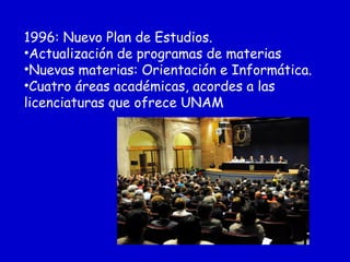 1996: Nuevo Plan de Estudios.
•Actualización de programas de materias
•Nuevas materias: Orientación e Informática.
•Cuatro áreas académicas, acordes a las
licenciaturas que ofrece UNAM
 