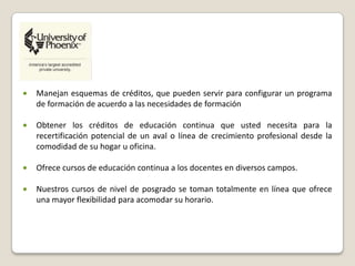 Manejan esquemas de créditos, que pueden servir para configurar un programa
de formación de acuerdo a las necesidades de formación
Obtener los créditos de educación continua que usted necesita para la
recertificación potencial de un aval o línea de crecimiento profesional desde la
comodidad de su hogar u oficina.
Ofrece cursos de educación continua a los docentes en diversos campos.
Nuestros cursos de nivel de posgrado se toman totalmente en línea que ofrece
una mayor flexibilidad para acomodar su horario.
 