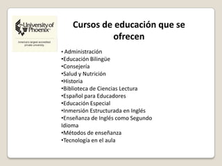 Cursos de educación que se
ofrecen
• Administración
•Educación Bilingüe
•Consejería
•Salud y Nutrición
•Historia
•Biblioteca de Ciencias Lectura
•Español para Educadores
•Educación Especial
•Inmersión Estructurada en Inglés
•Enseñanza de Inglés como Segundo
Idioma
•Métodos de enseñanza
•Tecnología en el aula
 