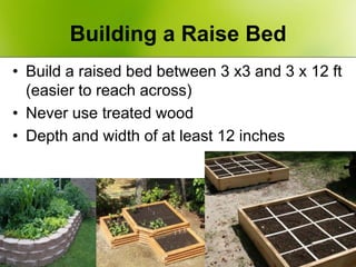 Building a Raise Bed
• Build a raised bed between 3 x3 and 3 x 12 ft
  (easier to reach across)
• Never use treated wood
•...