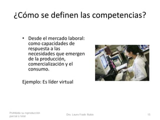 ¿Cómo se definen las competencias?
• Desde el mercado laboral:
como capacidades de
respuesta a las
necesidades que emergen
de la producción,
comercialización y el
consumo.
Ejemplo: Es líder virtual
Prohibida su reproducción
parcial o total
Dra. Laura Frade Rubio 15
 