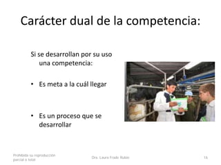 Carácter dual de la competencia:
Si se desarrollan por su uso
una competencia:
• Es meta a la cuál llegar
• Es un proceso que se
desarrollar
Prohibida su reproducción
parcial o total
Dra. Laura Frade Rubio 16
 