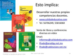 Esto implica:
Desarrollar nuestras propias
competencias docentes.
• www.calidadeducativa.com
• Tel: 56706249, 55816060
Venta de libros y conferencias
diversas en video
Email:
informes@calidadeducativa.com
• lfrade@prodigy.net.mx
• lfrade@cablevision.net.mx
Prohibida su reproducción parcial o total
Dra. Laura Frade Rubio 36
 