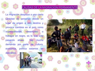 La migración desplaza a una cierta
cantidad de personas desde un
lugar de origen a otro destino y
provoca cambios en el país como
superpoblación, desempleo o
trabajos en negro, es lo que esta
pasando ahora hay mucha
demanda por parte de cultura,
economía, política estamos en
descenso.
 
