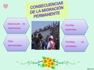 Destrucción de
matrimonios.
Hijos
abandonados
Familias
separadas.
Perdidas de
amistades.
 