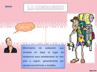 Movimiento de población que
consiste en dejar el lugar de
residencia para establecerse en otro
país o región, generalmente por
causas económicas o sociales.
¡que es!
 