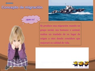 Se produce una migración cuando un
grupo social, sea humano o animal,
realiza un traslado de su lugar de
origen a otro donde considere que
mejorará su calidad de vida.
¡que es!
 
