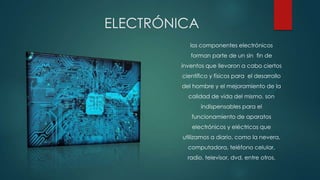 ELECTRÓNICA
los componentes electrónicos

forman parte de un sin fin de
inventos que llevaron a cabo ciertos
científico y físicos para el desarrollo
del hombre y el mejoramiento de la

calidad de vida del mismo, son
indispensables para el
funcionamiento de aparatos
electrónicos y eléctricos que

utilizamos a diario, como la nevera,
computadora, teléfono celular,
radio, televisor, dvd, entre otros.

 