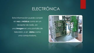 ELECTRÓNICA
Esta información puede consistir
en voz o música como en un

receptor de radio, en
una imagen en una pantalla de
televisión, o en datos como
una computadora.

 