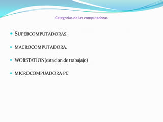 Categorías de las computadoras

 SUPERCOMPUTADORAS.
 MACROCOMPUTADORA.
 WORSTATION(estacion de trabajajo)
 MICROCOMPUADORA PC

 