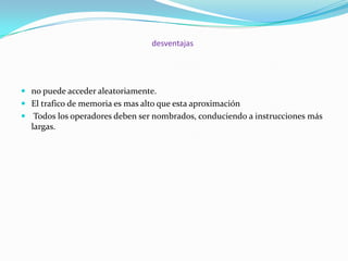 desventajas

 no puede acceder aleatoriamente.

 El trafico de memoria es mas alto que esta aproximación
 Todos los operadores deben ser nombrados, conduciendo a instrucciones más
largas.

 