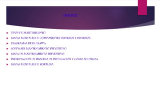 INDICE
 TIPOS DE MANTENIMINTO.
 MAPAS MENTALES DE COMPONENTES EXTERNOS E INTERNOS.
 DIAGRAMAS DE ISHIKAWA
 SOFTWARE MANTENIMIENTO PREVENTIVO
 MAPA DE MANTENIMIENTO PREVENTIVO.
 PRESENTACION DE PROCESO DE INSTALACION Y COMO SE UTILIZA.
 MAPAS MENTALES DE RESPALDO.
 