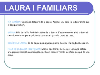 TÍA  AMÈLIA:  Germana del pare de la Laura. Acull al seu pare i a la Laura fins que el seu pare mort . MARIA:  Filla de la Tia Amèlia i cosina de la Laura. S’estimen molt amb la Laura i s’escriuen cartes per explicar-se com estan quan la Laura es casa.  COSÍ DE LA LAURA:  És de Barcelona, ajuda a que la Beatriu i l’estudiant es casin. FILLA DE LA LAURA I EN TOMÀS:  Mor al poc temps de néixer. La Laura pateix una gran depressió a conseqüència. Quan neix en Tomàs s’enfada perquè és una nena.  LAURA I FAMILIARS 