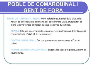 POBLE DE COMARQUINAL I GENT DE FORA REMEI DE TORROELLA I FILLES:  Molt xafarderes, Remei és la viuda del notari de Torroella i la germana del doctor Pere Grau. Durant tot el llibre la seva funció principal es casa les seves dues filles.   PEPETA:  Filla del enterramorts, es converteix en l’esposa d’en Jaume (a conseqüència d’això ell és desheretat). DOCTOR JAUME GRAU:  Doctor que sempre acompanya a l’oncle Llibori. RAMONETA DELS CARQUINYOLIS:  Segons les veus del poble, amant de Jaume Grau. 