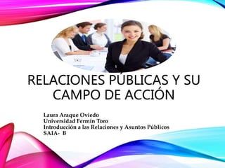 RELACIONES PÚBLICAS Y SU
CAMPO DE ACCIÓN
Laura Araque Oviedo
Universidad Fermín Toro
Introducción a las Relaciones y Asuntos Públicos
SAIA- B
 
