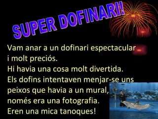 SUPER DOFINARI! Vam anar a un dofinari espectacular i molt preciós. Hi havia una cosa molt divertida. Els dofins intentaven menjar-se uns peixos que havia a un mural, però només era una fotografia. Eren una mica tanoques! 