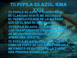 Tu pupila es azul. Rima
•                  XXIX
    Tu pupila es azul, y cuando ríes,
    su claridad suave me recuerda
    el trémulo fulgor de la mañana
    que en el mar se refleja.
• Tu pupila es azul, y cuando lloras,
    las trasparentes lágrimas en ella
    se me figuran gotas de rocío
    sobre una violeta.
• Tu pupila es azul, y si en su fondo
  como un punto de luz radia una idea,
  me parece en el cielo de la tarde
  una perdida estrella.
 