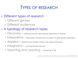 TYPES OF RESEARCH
o Different types of research
• Different genres
• Different audiences
o A typology of research types
• Discovery – traditional empirical, generalizable explanations or theories
• Interpretive - interpretation of phenomena not search for generalizable explanations
• Applied – applied enquiry, problem solving, may include consultancy
• Integrative – use-inspired basic research
• Teaching and Learning – scholarship of T&L
(Kell and Czerniewicz 2016; Czerniewicz and Kell 2014)
 
