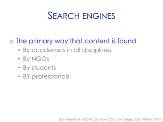 SEARCH ENGINES
o The primary way that content is found
• By academics in all disciplines
• By NGOs
• By students
• BY professionals
(De Groote et al 2014, Catalano 2013, de Satgé, 2012, Waller 2011)
 