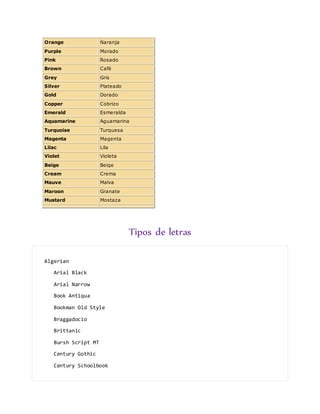 Orange Naranja
Purple Morado
Pink Rosado
Brown Café
Grey Gris
Silver Plateado
Gold Dorado
Copper Cobrizo
Emerald Esmeralda
Aquamarine Aguamarina
Turquoise Turquesa
Magenta Magenta
Lilac Lila
Violet Violeta
Beige Beige
Cream Crema
Mauve Malva
Maroon Granate
Mustard Mostaza
Tipos de letras
Algerian
Arial Black
Arial Narrow
Book Antiqua
Bookman Old Style
Braggadocio
Brittanic
Bursh Script MT
Century Gothic
Century Schoolbook
 