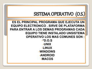 SISTEMA OPERATIVO (O.S.)
ES EL PRINCIPAL PROGRAMA QUE EJECUTA UN
EQUIPO ELECTRONICO . SIRVE DE PLATAFORMA
PARA ENTRAR A LOS DEMAS PROGRAMAS CADA
EQUIPO TIENE INSTALADO UNSISTEMA
OPERATIVO LOS MAS COMUNES SON :
•*D.O.S
•UNIX
•LINUX
•WINDOWS
•ANDROID
•MACOS