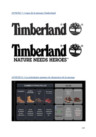 ANNEXE 7 : Logos de la marque Timberland




ANNEXE 8 : Les principales gammes de chaussures de la marque




                                                               118
 