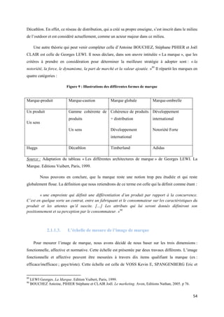 Décathlon. En effet, ce réseau de distribution, qui a créé sa propre enseigne, s’est inscrit dans le milieu
de l’outdoor et est considéré actuellement, comme un acteur majeur dans ce milieu.

       Une autre théorie qui peut venir compléter celle d’Antoine BOUCHEZ, Stéphane PIHIER et Joël
CLAIR est celle de Georges LEWI. Il nous déclare, dans son œuvre intitulée « La marque », que les
critères à prendre en considération pour déterminer la meilleure stratégie à adopter sont : « la
notoriété, la force, le dynamisme, la part de marché et la valeur ajoutée. »89 Il répartit les marques en
quatre catégories :

                           Figure 9 : Illustrations des différentes formes de marque


Marque-produit              Marque-caution            Marque globale             Marque-ombrelle

Un produit                  Gamme cohérente de Cohérence de produits Développement
                            produits                  + distribution             international
Un sens
                            Un sens                   Développement              Notoriété Forte
                                                      international

Huggs                       Décathlon                 Timberland                 Adidas

Source : Adaptation du tableau « Les différentes architectures de marque » de Georges LEWI. La
Marque. Editions Vuibert, Paris, 1999.

          Nous pouvons en conclure, que la marque reste une notion trop peu étudiée et qui reste
globalement floue. La définition que nous retiendrons de ce terme est celle qui la définit comme étant :

        « une empreinte qui définit une différentiation d’un produit par rapport à la concurrence.
C’est en quelque sorte un contrat, entre un fabriquant et le consommateur sur les caractéristiques du
produit et les attentes qu’il suscite. […] Les attributs qui lui seront donnés définiront son
positionnement et sa perception par le consommateur. »90



               2.1.1.3.    L’échelle de mesure de l’image de marque

       Pour mesurer l’image de marque, nous avons décidé de nous baser sur les trois dimensions :
fonctionnelle, affective et normative. Cette échelle est présentée par deux travaux différents. L’image
fonctionnelle et affective peuvent être mesurées à travers dix items qualifiant la marque (ex :
efficace/inefficace ; gaye/triste). Cette échelle est celle de VOSS Kevin E, SPANGENBERG Eric et


89
     LEWI Georges. La Marque. Edition Vuibert, Paris, 1999.
90
     BOUCHEZ Antoine, PIHIER Stéphane et CLAIR Joël. Le marketing. Avon, Editions Nathan, 2005. p 76.


                                                                                                        54
 
