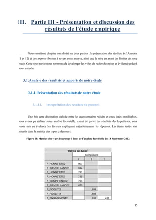 III. Partie III - Présentation et discussion des
           résultats de l’étude empirique



        Notre troisième chapitre sera divisé en deux parties : la présentation des résultats (cf Annexes
11 et 12) et des apports obtenus à travers cette analyse, ainsi que la mise en avant des limites de notre
étude. Cette sous-partie nous permettra de développer les voies de recherche mises en évidence grâce à
notre enquête.



    3.1. Analyse des résultats et apports de notre étude


        3.1.1. Présentation des résultats de notre étude


            3.1.1.1.    Interprétation des résultats du groupe 1


        Une fois cette distinction réalisée entre les questionnaires valides et ceux jugés inutilisables,
nous avons pu réaliser notre analyse factorielle. Avant de parler des résultats des hypothèses, nous
avons mis en évidence les facteurs expliquant majoritairement les réponses. Les items testés sont
répartis dans la matrice des types ci-dessous :

       Figure 16: Matrice des types du groupe 1 issue de l’analyse factorielle du 18 Septembre 2012



                                                               a
                                           Matrice des types
                                                           Composante
                                                    1              2        3
                         F_HONNETETE2               ,907
                         F_BIENVEILLANCE1           ,884
                         F_HONNETETE1               ,761
                         F_HONNETETE3               ,735
                         F_COMPETENCE2              ,703
                         F_BIENVEILLANCE2           ,675
                         F_FIDELITE3                               ,898
                         F_FIDELITE1                               ,885
                         F_ENGAGEMENT2                             ,831     ,437


                                                                                                      80
 