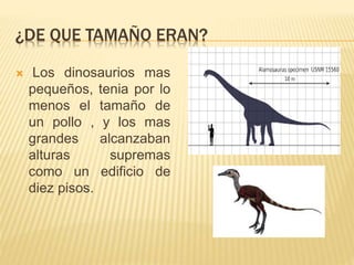 ¿DE QUE TAMAÑO ERAN?
 Los dinosaurios mas
pequeños, tenia por lo
menos el tamaño de
un pollo , y los mas
grandes alcanzaban
alturas supremas
como un edificio de
diez pisos.
 