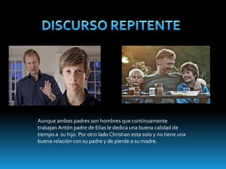 Aunque ambos padres son hombres que continuamente
        .
trabajan Antón padre de Elías le dedica una buena calidad de
tiempo a su hijo. Por otro lado Christian esta solo y no tiene una
buena relación con su padre y de pierde a su madre.
 