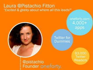 Laura @Pistachio Fitton
“Excited & geeky about where all this leads!"

                                            oneforty.com
                                                4,000+
                                                 apps

                                 Twitter for
                                 Dummies


                                                83,000
                                                 Twitter
                                                Readers
            @pistachio
            Founder
 