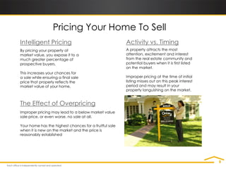 Pricing Your Home To Sell
Intelligent Pricing                                     Activity vs. Timing
By pricing your property at                             A property attracts the most
market value, you expose it to a                        attention, excitement and interest
much greater percentage of                              from the real estate community and
prospective buyers.                                     potential buyers when it is first listed
                                                        on the market.
This increases your chances for
a sale while ensuring a final sale                      Improper pricing at the time of initial
price that properly reflects the                        listing misses out on this peak interest
market value of your home.                              period and may result in your
                                                        property languishing on the market.


The Effect of Overpricing
Improper pricing may lead to a below market value
sale price, or even worse, no sale at all.

Your home has the highest chances for a fruitful sale
when it is new on the market and the price is
reasonably established
 
