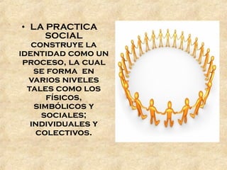 • LA PRACTICA
       SOCIAL
   construye la
identidad como un
 proceso, la cual
    se forma en
   varios niveles
  tales como los
       físicos,
    simbólicos y
      sociales;
   individuales y
    colectivos.
 