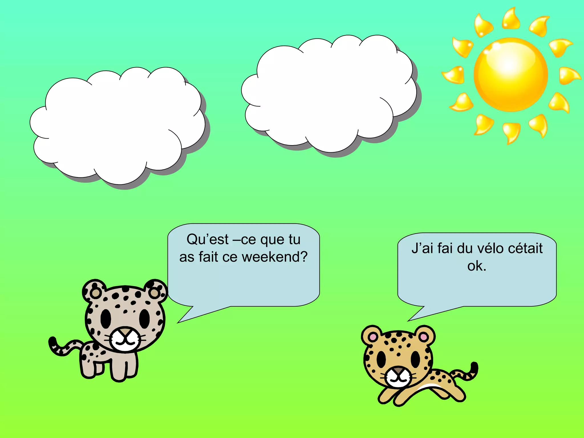 Qu’est –ce que tu as fait ce weekend? J’ai fai du vélo cétait ok.