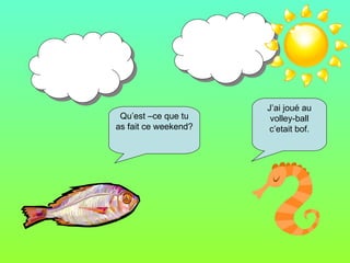 Qu’est –ce que tu as fait ce weekend? J’ai joué au volley-ball c’etait bof.