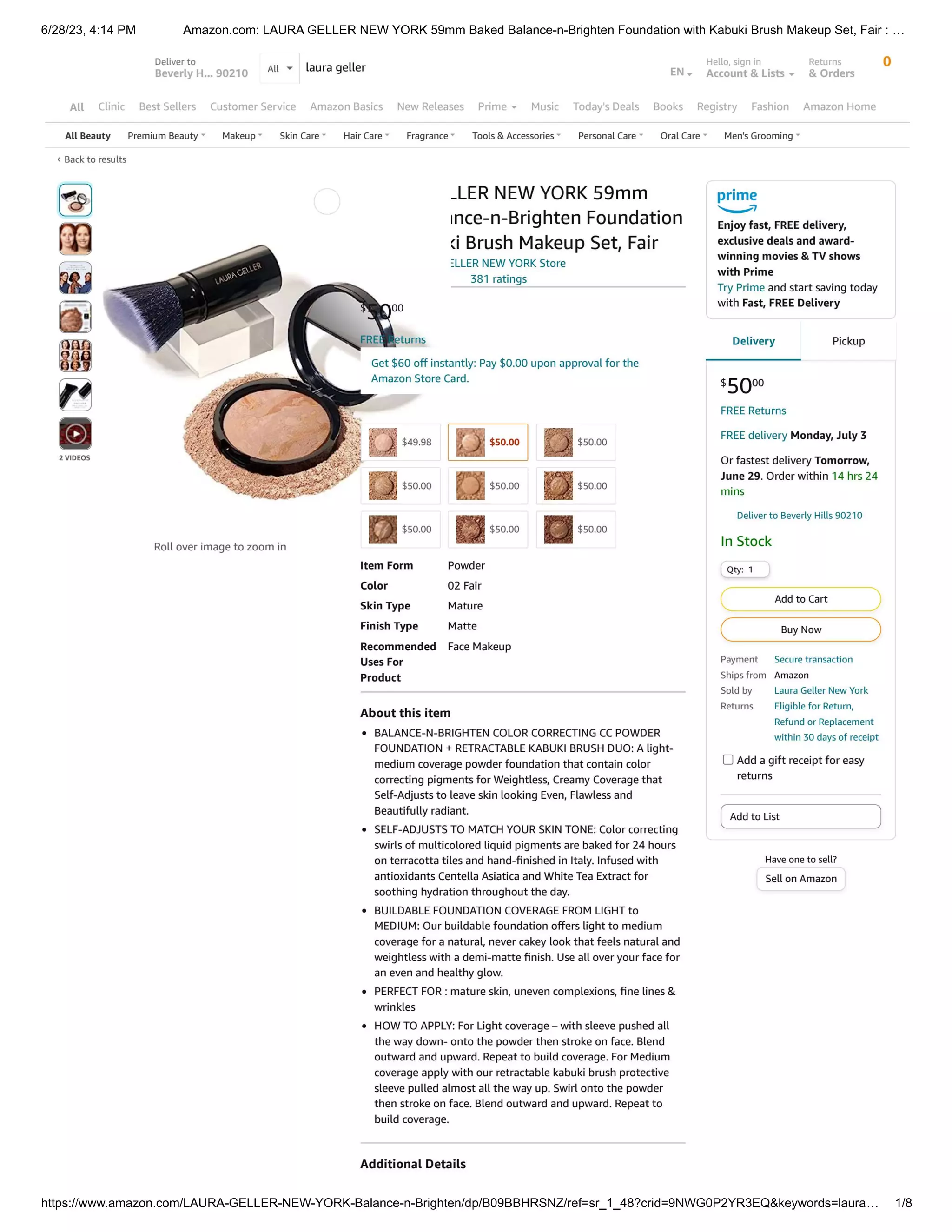 LAURA GELLER NEW YORK 59mm Baked BalancenBrighten Foundation with Kabuki Brush Makeup Set