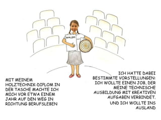 MIT MEINEM HOLZTECHNIK-DIPLOM IN DER TASCHE MACHTE ICH MICH VOR ETWA EINEM JAHR AUF DEN WEG IN RICHTUNG BERUFSLEBENICH HATTE DABEI BESTIMMTE VORSTELLUNGEN: ICH WOLLTE EINEN JOB, DER MEINE TECHNISCHE AUSBILDUNG MIT KREATIVEN AUFGABEN VERBINDET.UND ICH WOLLTE INS AUSLAND