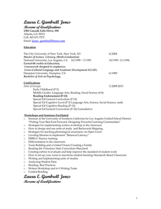 Laura E. Gambrell Jones 
Resume of Qualifications 
1301 Cascade Falls Drive, SW 
Atlanta, GA 30311 
Cell: 443 631-7572 
Email: laura_gambrell@msn.com 
Education 
The City University of New York, New York, NY 6/2004 
Master of Science Literacy, (Birth-Graduation) 
National University, Los Angeles, CA 10/1990 – 7/1991 10/1995 -11/1996 
Earned 60 credits in Education, 
Coursework designed to emphasize 
Cross-Cultural Language and Academic Development (CLAD) 
Hampton University, Hampton, VA 6/1989 
Bachelor of Arts in Psychology, 
Certifications 
State of Georgia 7/2008-2013 
Early Childhood (P-5) 
Middle Grades: Language Arts, Reading, Social Science (4-8) 
Reading Endorsement (P-12) 
Special Ed General Curriculum (P-12) 
Special Ed Cognitive Level (P-5) Language Arts, Science, Social Science, math 
Special Ed Cognitive Reading (P-12) 
Special Ed General Curriculum (P-12) Consultative 
Workshops and Seminars Facilitated 
o Seminar at the University of Southern California for Los Angeles Unified School District: 
“Putting Your Best Foot Forward, Designing Powerful Learning Communities” 
o Strategies for implementing writers workshop in the classroom 
o How to design and use units of study and Backwards Mapping 
o Strategies for teaching phonological awareness via Open Court 
o Leveling libraries to implement “Balanced Literacy” 
o DIBELS fluency training 
o Differentiation in the classroom 
o Team Building and a United Vision/Creating a Family 
o Reading the Voluntary State Curriculum Maryland 
o Creating rubrics to evaluate and help improve the standard of student work 
o How to set up your room to maximize student learning–Standards Based Classroom 
o Writing and implementing units of studies 
o Analyzing Student Data 
o Reading- Best Practices 
o Writers Workshop and 6+1 Writing Traits 
o Guided Reading 
Laura E. Gambrell Jones 
Resume of Qualifications 
1 
 