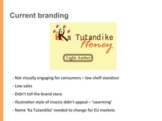 -­‐	
  Not	
  visually	
  engaging	
  for	
  consumers	
  –	
  low	
  shelf	
  standout	
  
-­‐	
  Low	
  sales	
  
-­‐	
  Didn’t	
  tell	
  the	
  brand	
  story	
  
-­‐	
  Illustra/on	
  style	
  of	
  insects	
  didn’t	
  appeal	
  –	
  ‘swarming’	
  	
  
-­‐	
  Name	
  ‘Ka	
  Tutandike’	
  needed	
  to	
  change	
  for	
  EU	
  markets	
  
	
  
Current branding
 