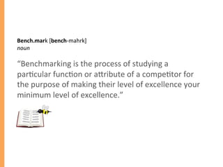 Bench.mark	
  [bench-­‐mahrk]	
  
noun	
  
	
  
“Benchmarking	
  is	
  the	
  process	
  of	
  studying	
  a	
  
par/cular	
  func/on	
  or	
  aTribute	
  of	
  a	
  compe/tor	
  for	
  
the	
  purpose	
  of	
  making	
  their	
  level	
  of	
  excellence	
  your	
  
minimum	
  level	
  of	
  excellence.”	
  
	
  
 
