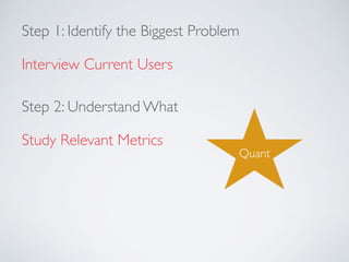 Step 1: Identify the Biggest Problem
Interview Current Users
Step 2: Understand What
Study Relevant Metrics
Quant
 