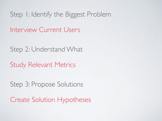 Step 1: Identify the Biggest Problem
Interview Current Users
Step 2: Understand What
Study Relevant Metrics
Step 3: Propose Solutions
Create Solution Hypotheses
 