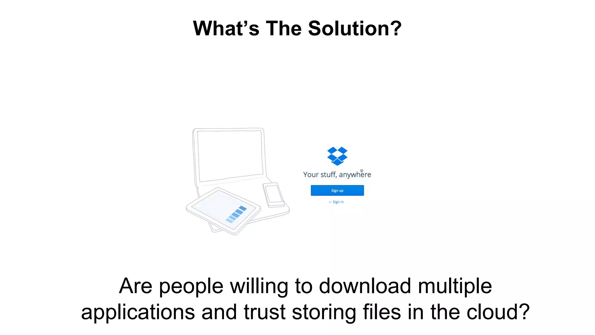 What’s The Solution? 
Are people willing to download multiple 
applications and trust storing files in the cloud? 
 