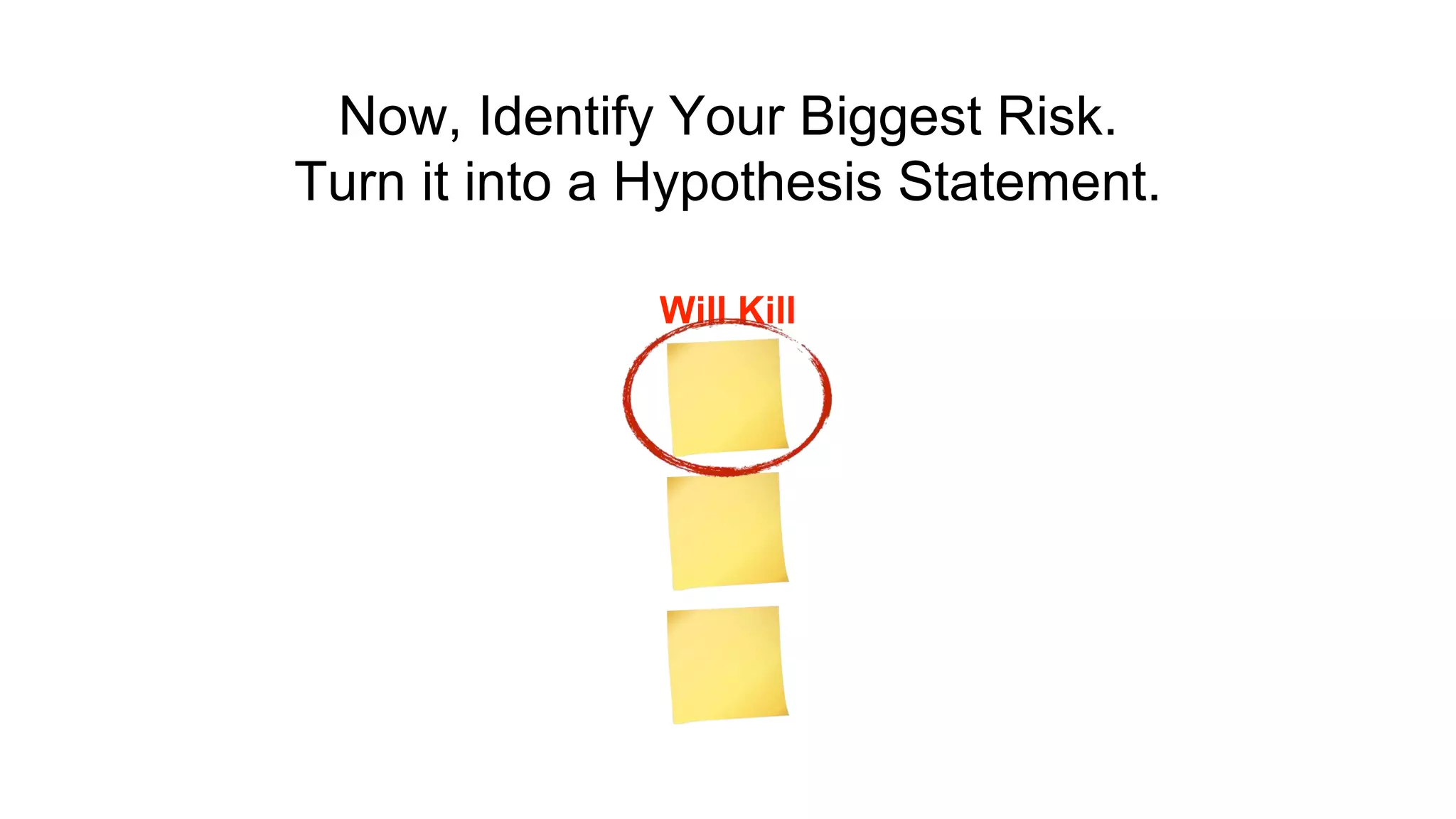 Now, Identify Your Biggest Risk. 
Turn it into a Hypothesis Statement. 
Will Kill 
 
