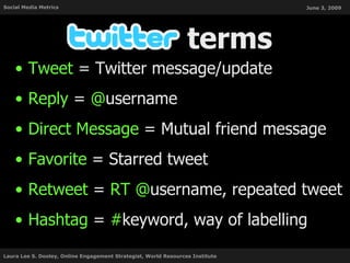 <ul><li>Tweet  = Twitter message/update </li></ul><ul><li>Reply  =  @ username </li></ul><ul><li>Direct Message  = Mutual ...