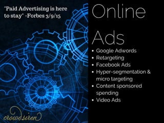 Online
AdsGoogle Adwords
Retargeting 
Facebook Ads
Hyper-segmentation &
micro targeting
Content sponsored
spending
Video Ads
"Paid Advertising is here
to stay" -Forbes 3/9/15
 